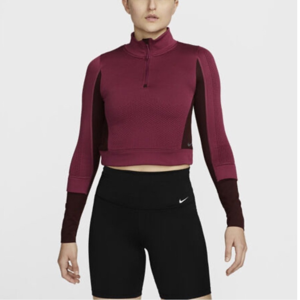 Nike Therma-FIT ADV Pullover 1/4 Zip Cropped Running Top Maroon Womens Large